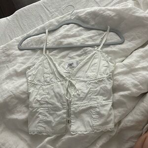 Tiger Mist White Front Tie Top with Lace Trimming